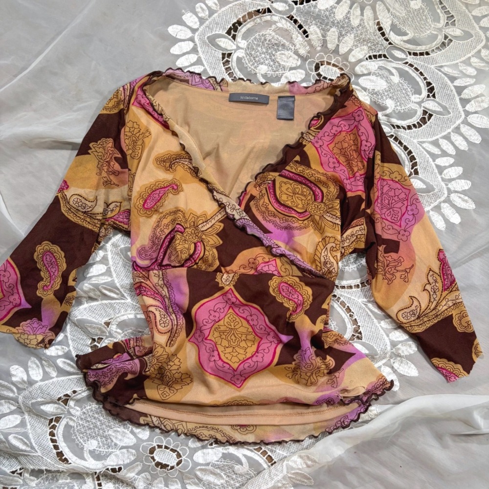 Babydoll Whimsical Vintage Y2K Mesh Paisley Print Top Pink Brown V-Neck Large